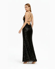 Araminta Sequined Gown with Floral Details - Black/Gold