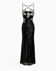 Araminta Sequined Gown with Floral Details - Black/Silver