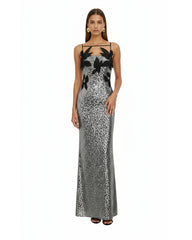 Araminta Sequined Gown with Floral Details - Silver/Black