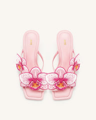 Serena Orchid Embroidered Toe Ring Heeled Sandals - Baby Pink