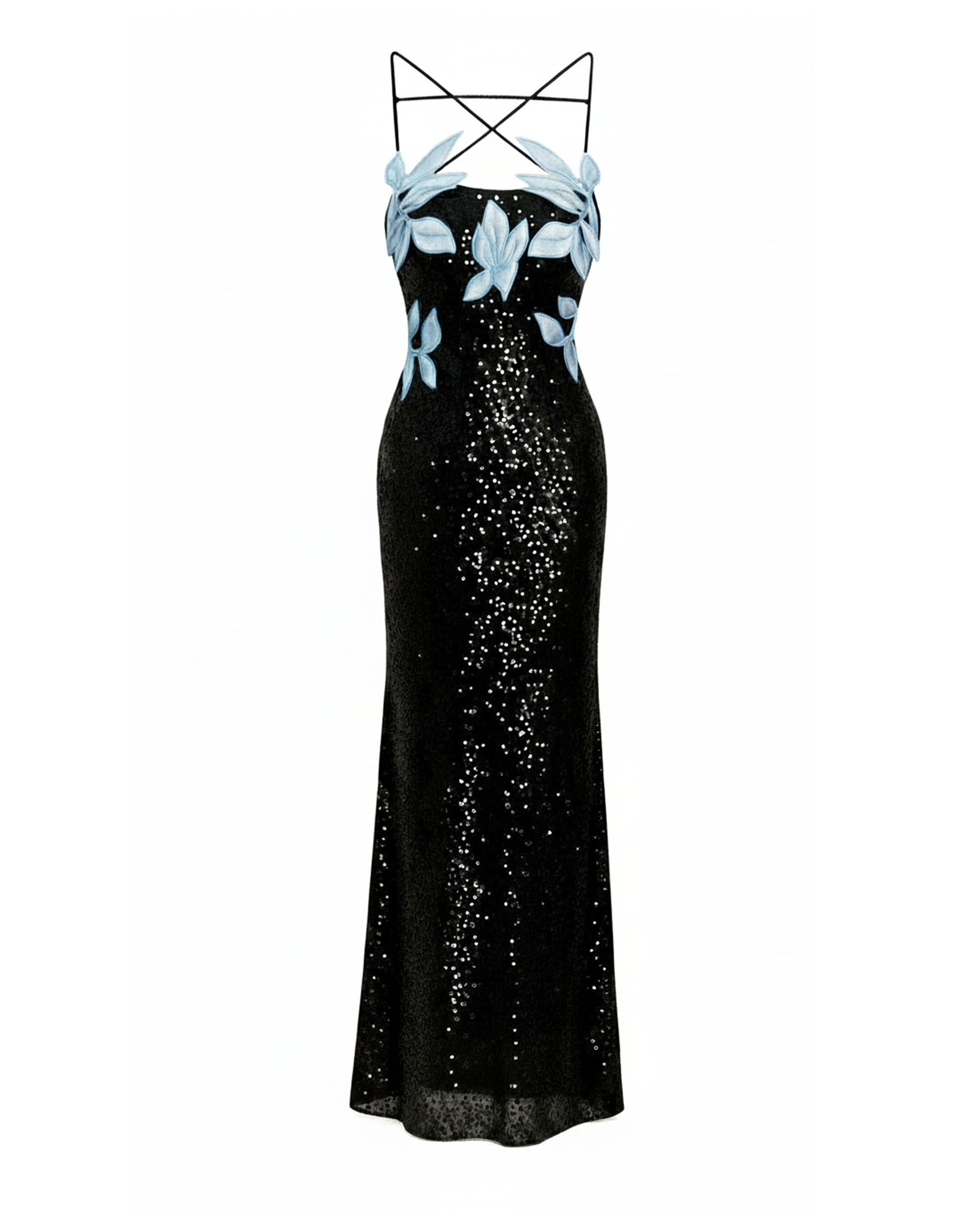 Araminta Sequined Gown with Floral Details - Black/Blue