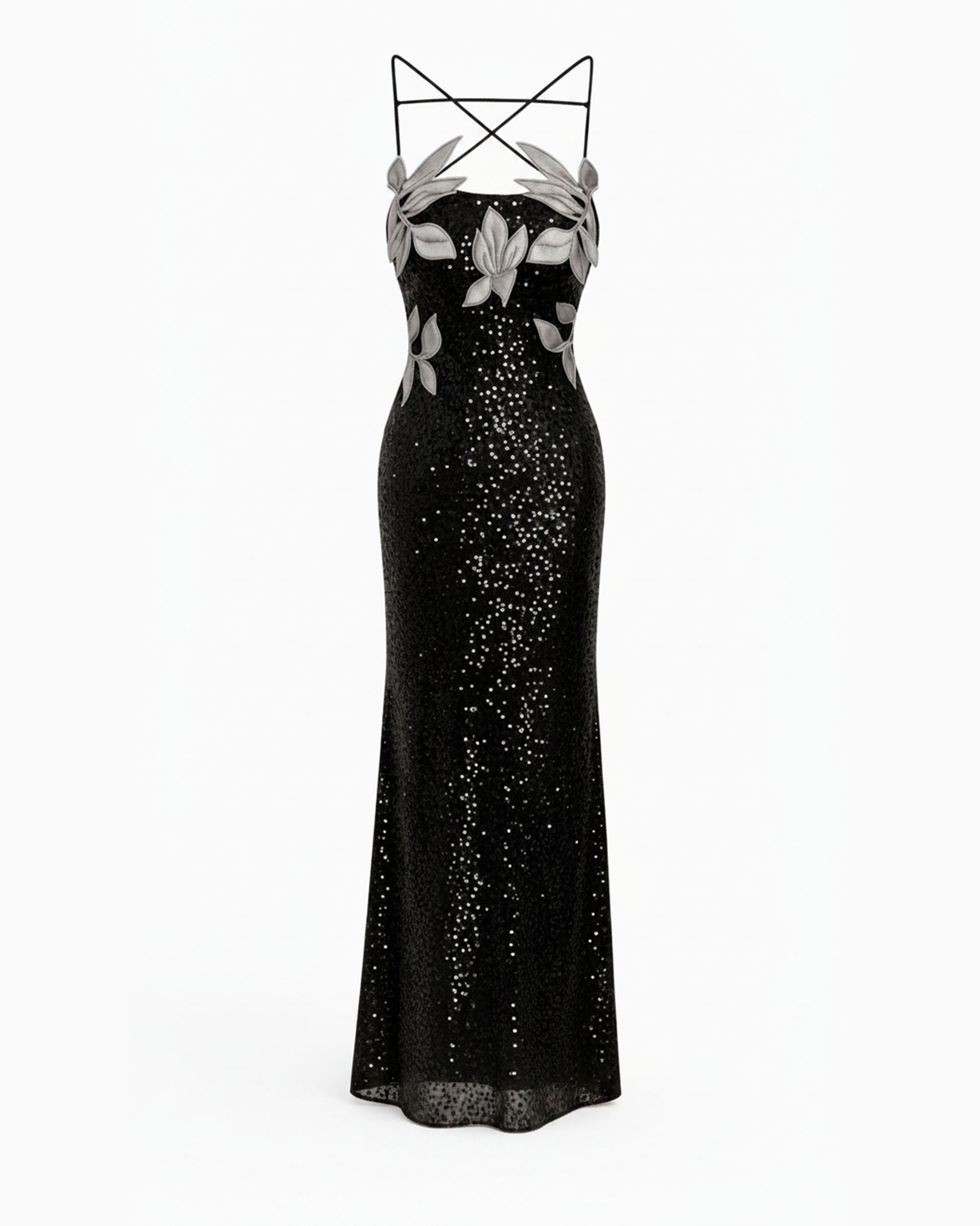 Araminta Sequined Gown with Floral Details - Black/Silver
