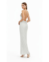 Araminta Sequined Gown with Floral Details - White/Silver