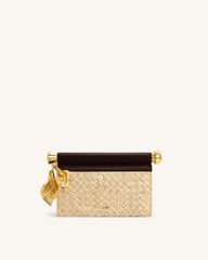 Holly Faux Straw Metal Pendant Embellished Clutch Bag - Brown