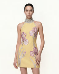 Jeweled Halter Iris Motif Dress - Yellow/Pink