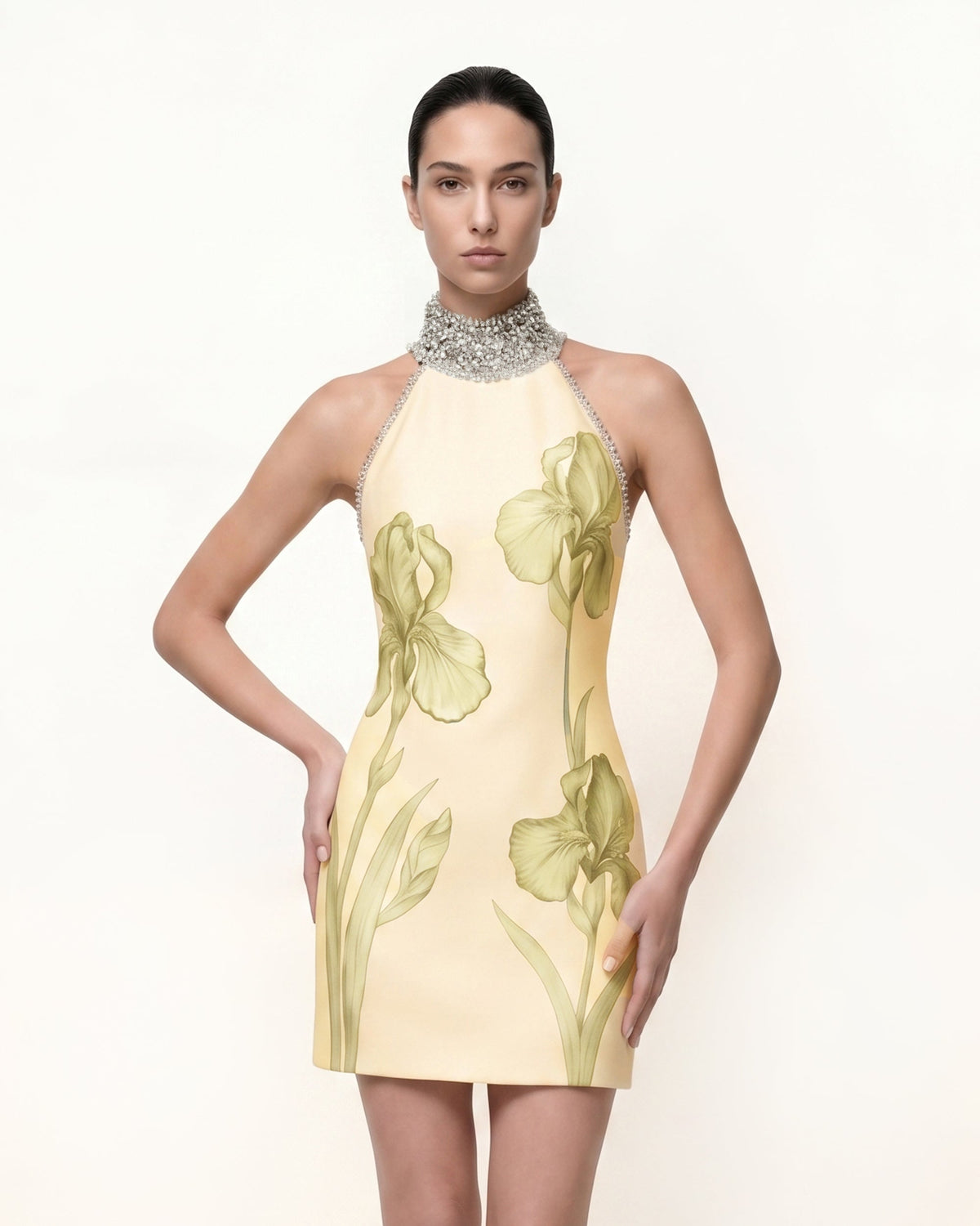 Jeweled Halter Iris Motif Dress - Yellow