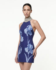 Jeweled Halter Iris Motif Dress - Navy Blue