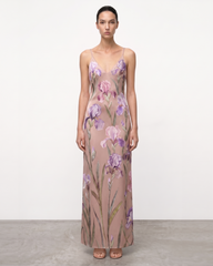 V-Neck Iris Motif Satin Slip Gown - Dusty Rose/Purple