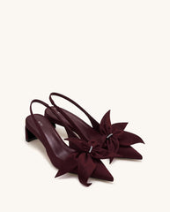 Queena Floral Appliques Slingback Pumps - Deep Burgundy