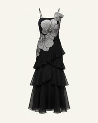 Orchid Embroidered Ruffled One-Shoulder Maxi Dress - Black