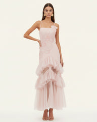 Orchid Embroidered Ruffled Tulle Strapless Maxi Dress - Blush Pink