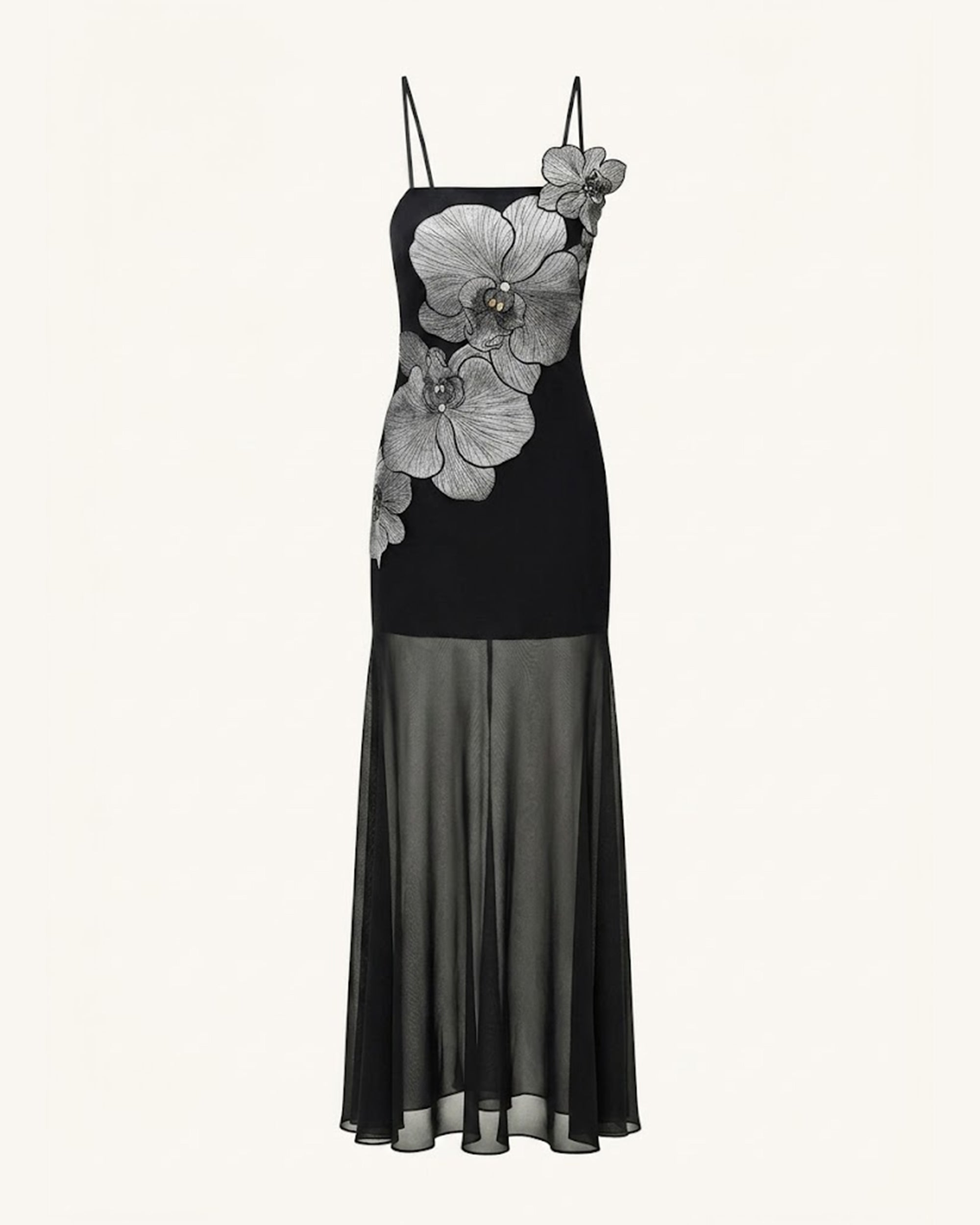 Orchid Embroidered Strappy Sheer Maxi Dress - Black