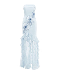 Orchid Embroidered Ruffled Strapless Maxi Dress - Light Blue