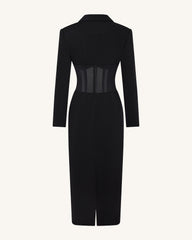 Sheer Boned Corset Waist Blazer Maxi Dress - Black