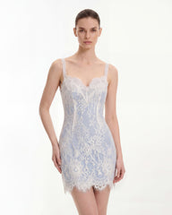 Eyelash Lace Bustier Bodycon Dress - Light Blue/White