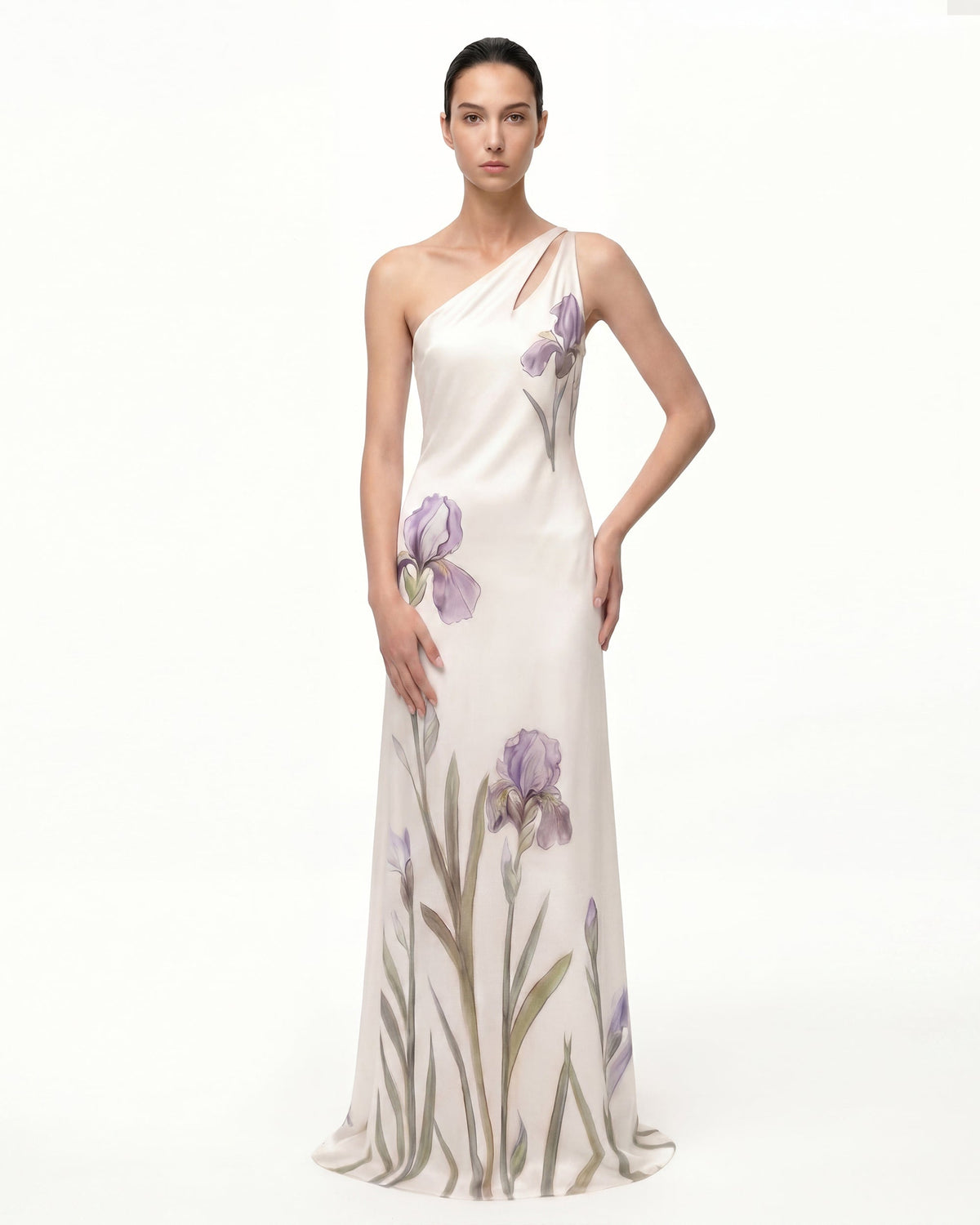Floral One-Shoulder Maxi Dress - Ivory Purple