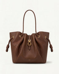 Harper Pebbled Drawstring Shoulder Tote Bag - Brown